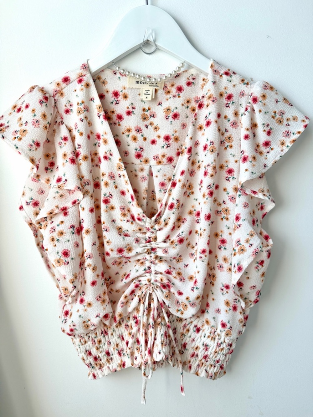 Crop Top Cream Floral Ruffle Drawstring
